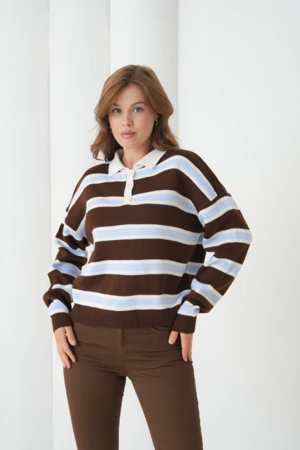 Kadın Polo Yaka Çizgili Yumuşak Dokulu Oversize Triko Kazak 