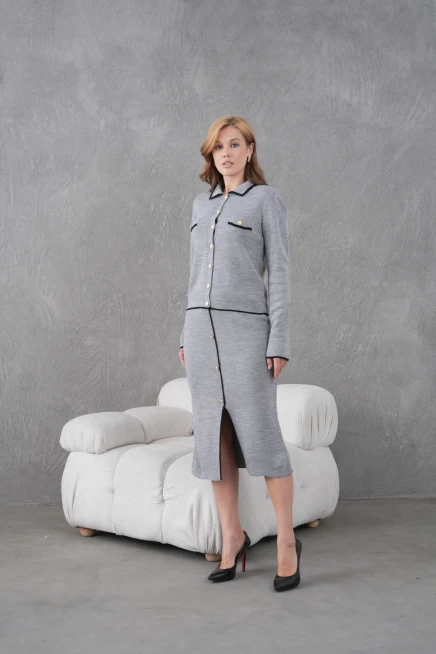 Kadın Polo Yaka Düğme Detay Ceket Uzun Etek İkili Triko Takım