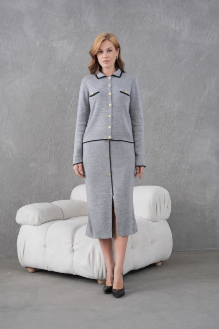 Kadın Polo Yaka Düğme Detay Ceket Uzun Etek İkili Triko Takım