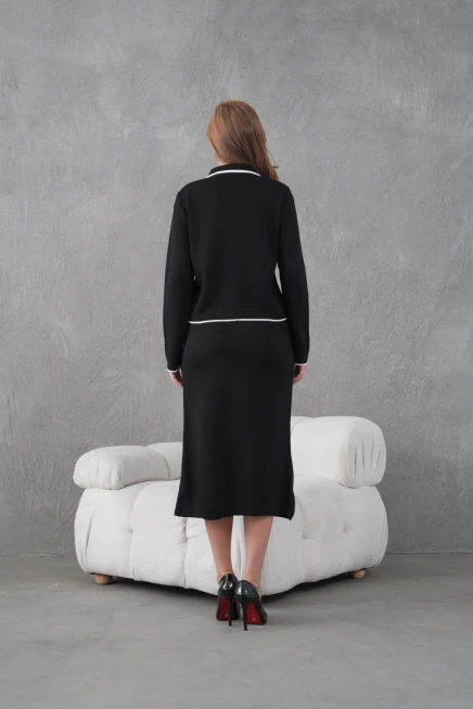 Kadın Polo Yaka Düğme Detay Ceket Uzun Etek İkili Triko Takım