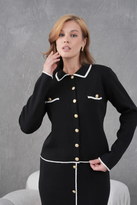 Kadın Polo Yaka Düğme Detay Ceket Uzun Etek İkili Triko Takım