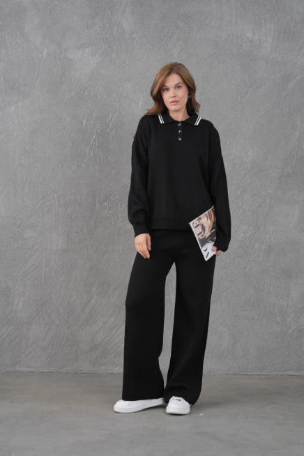 Kadın Polo Yaka Düğme Detay Kazak Pantolon İkili Triko Takım