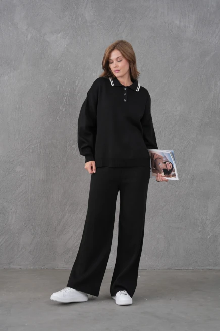 Kadın Polo Yaka Düğme Detay Kazak Pantolon İkili Triko Takım