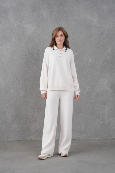 Kadın Polo Yaka Düğme Detay Kazak Pantolon İkili Triko Takım