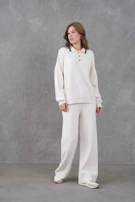 Kadın Polo Yaka Düğme Detay Kazak Pantolon İkili Triko Takım