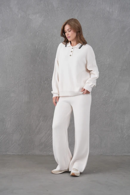 Kadın Polo Yaka Düğme Detay Kazak Pantolon İkili Triko Takım