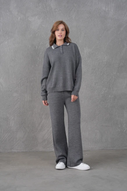 Kadın Polo Yaka Düğme Detay Kazak Pantolon İkili Triko Takım