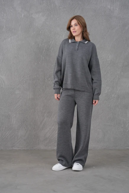 Kadın Polo Yaka Düğme Detay Kazak Pantolon İkili Triko Takım