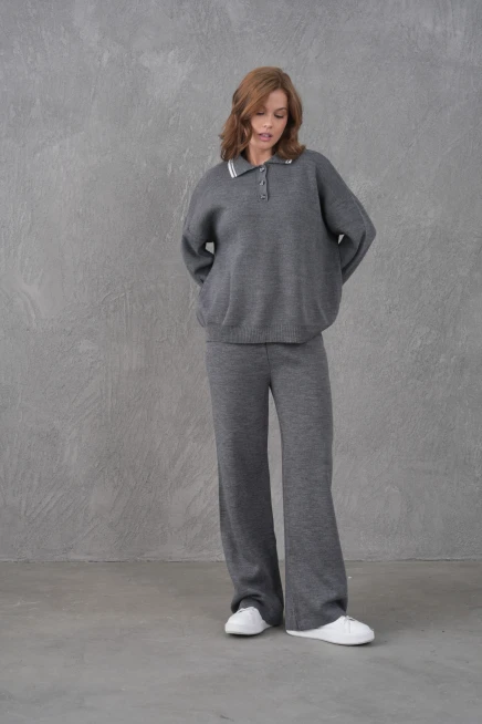 Kadın Polo Yaka Düğme Detay Kazak Pantolon İkili Triko Takım