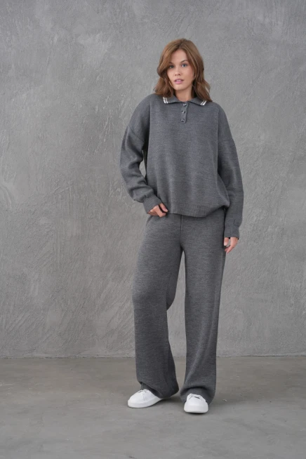 Kadın Polo Yaka Düğme Detay Kazak Pantolon İkili Triko Takım