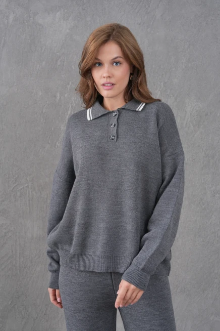 Kadın Polo Yaka Düğme Detay Kazak Pantolon İkili Triko Takım