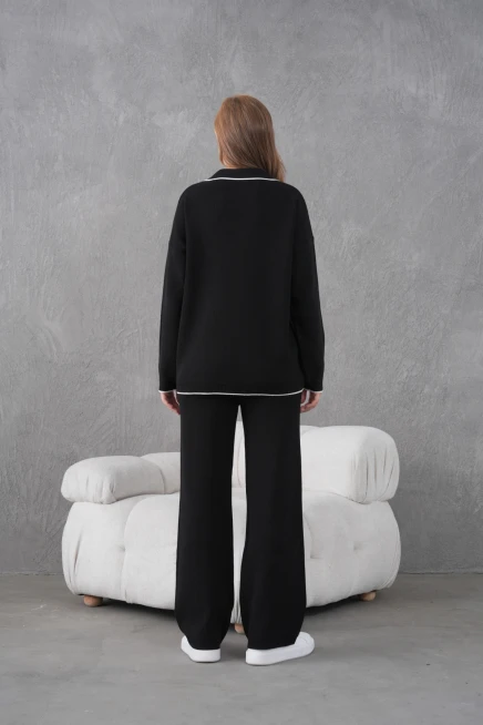 Kadın Polo Yaka Düğme Detay Oversize Kaşkorse Kazak Pantolon İkili Triko Takım