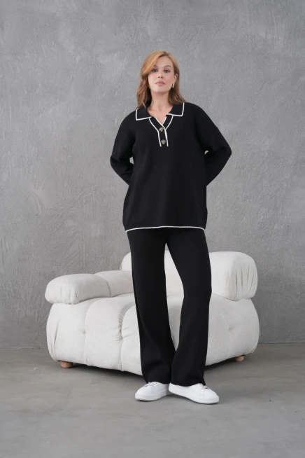 Kadın Polo Yaka Düğme Detay Oversize Kaşkorse Kazak Pantolon İkili Triko Takım