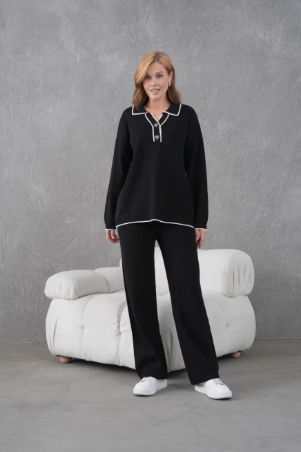 Kadın Polo Yaka Düğme Detay Oversize Kaşkorse Kazak Pantolon İkili Triko Takım