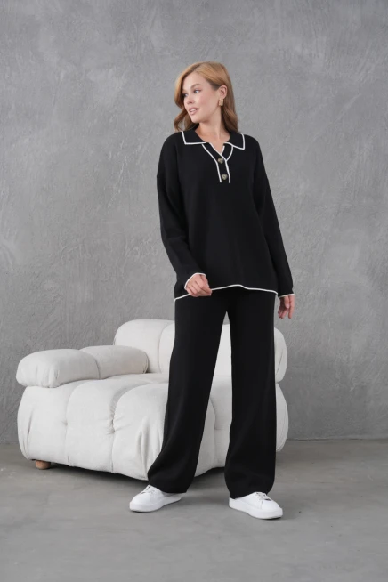 Kadın Polo Yaka Düğme Detay Oversize Kaşkorse Kazak Pantolon İkili Triko Takım