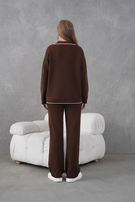 Kadın Polo Yaka Düğme Detay Oversize Kaşkorse Kazak Pantolon İkili Triko Takım