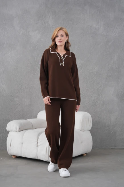 Kadın Polo Yaka Düğme Detay Oversize Kaşkorse Kazak Pantolon İkili Triko Takım