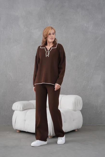 Kadın Polo Yaka Düğme Detay Oversize Kaşkorse Kazak Pantolon İkili Triko Takım