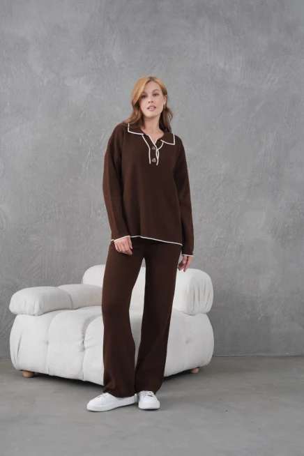 Kadın Polo Yaka Düğme Detay Oversize Kaşkorse Kazak Pantolon İkili Triko Takım