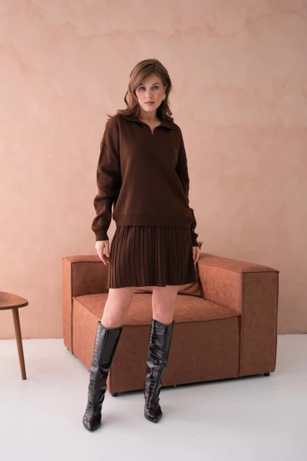 Kadın Polo Yaka Düşük Kol Kazak Kısa Etek İkili Triko Takım