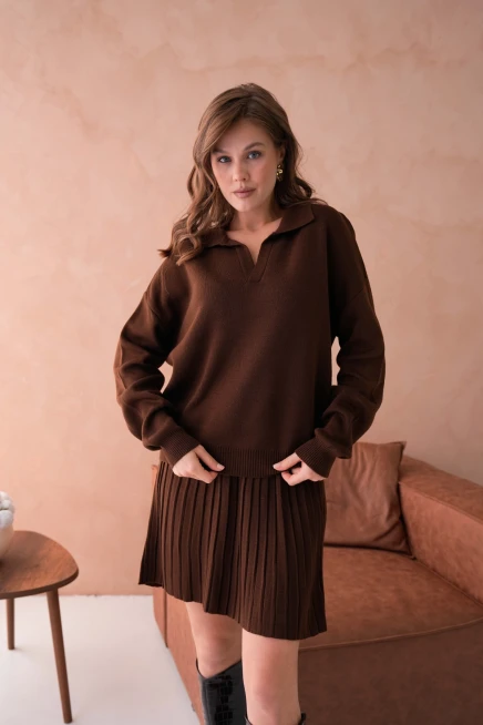 Kadın Polo Yaka Düşük Kol Kazak Kısa Etek İkili Triko Takım