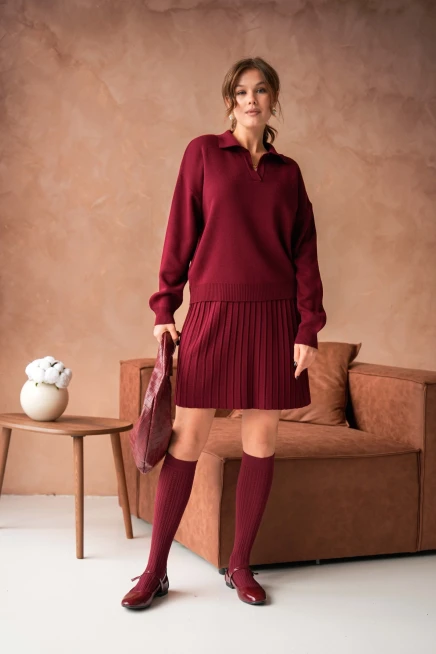 Kadın Polo Yaka Düşük Kol Kazak Kısa Etek İkili Triko Takım