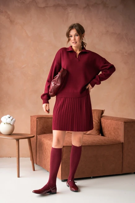 Kadın Polo Yaka Düşük Kol Kazak Kısa Etek İkili Triko Takım