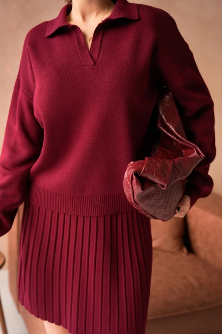 Kadın Polo Yaka Düşük Kol Kazak Kısa Etek İkili Triko Takım