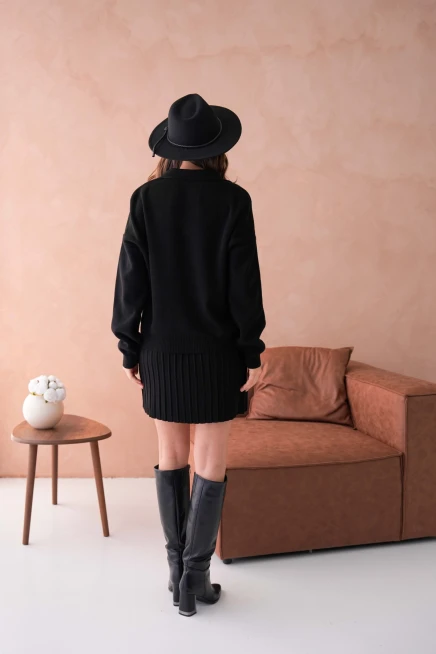 Kadın Polo Yaka Düşük Kol Kazak Kısa Etek İkili Triko Takım