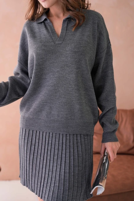 Kadın Polo Yaka Düşük Kol Kazak Kısa Etek İkili Triko Takım