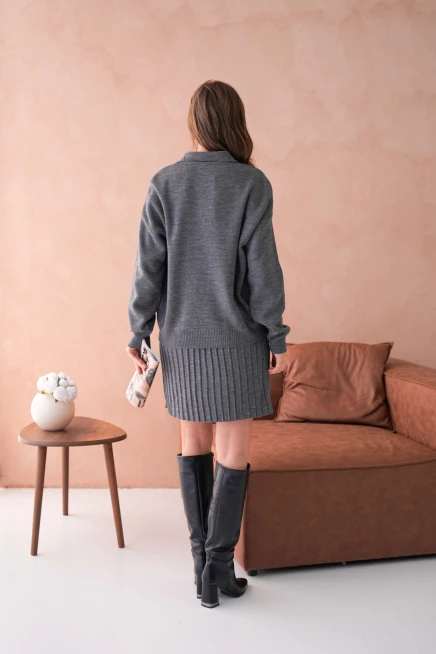 Kadın Polo Yaka Düşük Kol Kazak Kısa Etek İkili Triko Takım