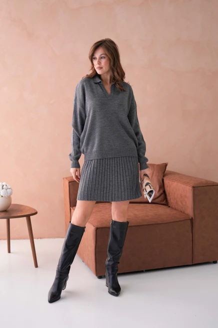 Kadın Polo Yaka Düşük Kol Kazak Kısa Etek İkili Triko Takım