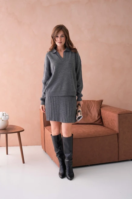 Kadın Polo Yaka Düşük Kol Kazak Kısa Etek İkili Triko Takım