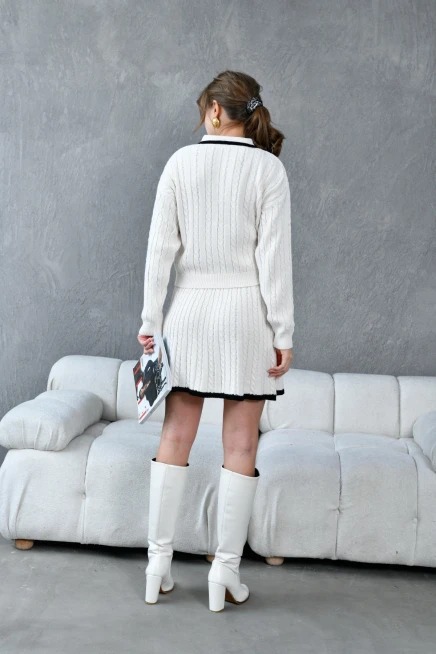 Kadın Polo Yaka Örgü Detay Etekli İkili Triko Takım