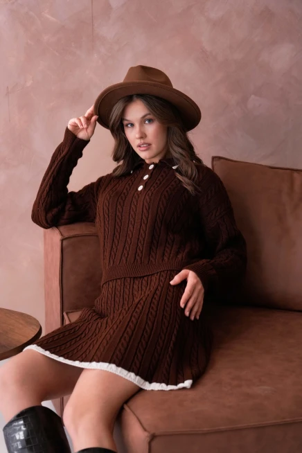 Kadın Polo Yaka Örgü Detay Etekli İkili Triko Takım