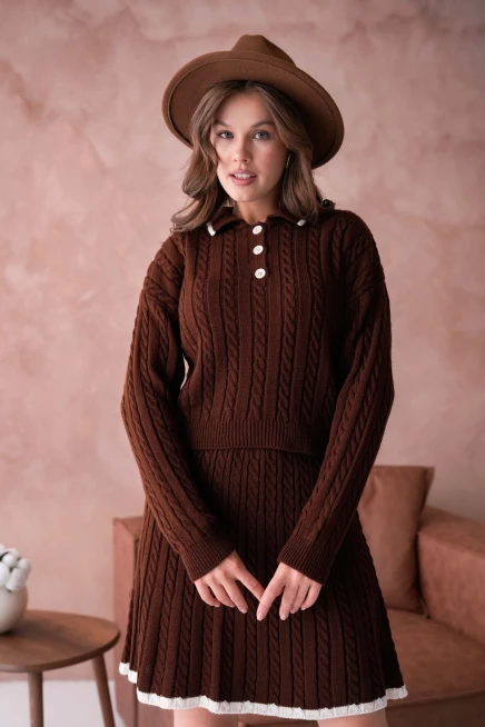 Kadın Polo Yaka Örgü Detay Etekli İkili Triko Takım