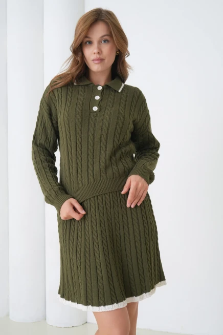 Kadın Polo Yaka Örgü Detay Etekli İkili Triko Takım