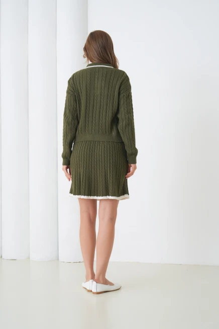 Kadın Polo Yaka Örgü Detay Etekli İkili Triko Takım