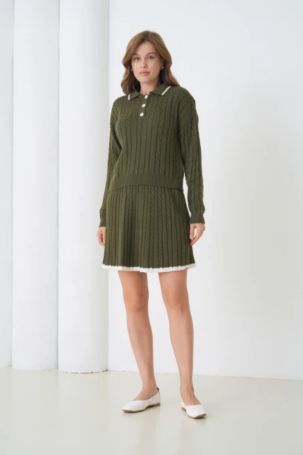 Kadın Polo Yaka Örgü Detay Etekli İkili Triko Takım