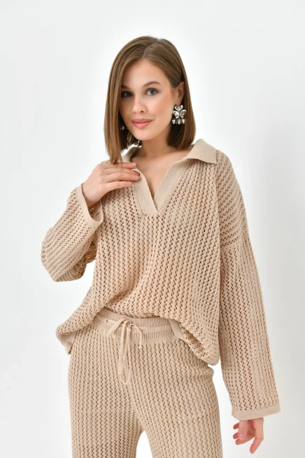 Kadın Polo Yaka Örgü Detay Kazak Astarlı Pantolon İkili Triko Takım