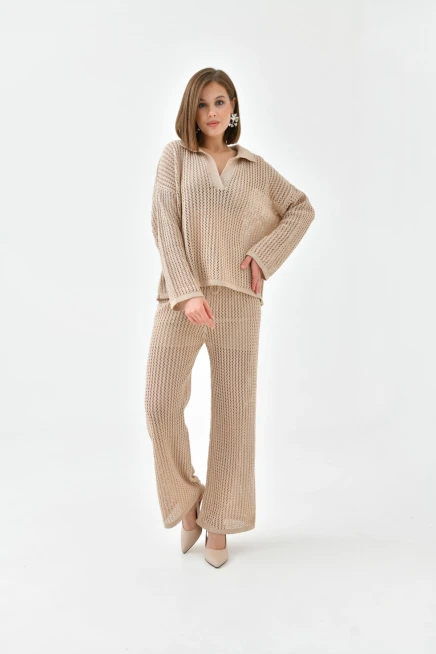 Kadın Polo Yaka Örgü Detay Kazak Astarlı Pantolon İkili Triko Takım