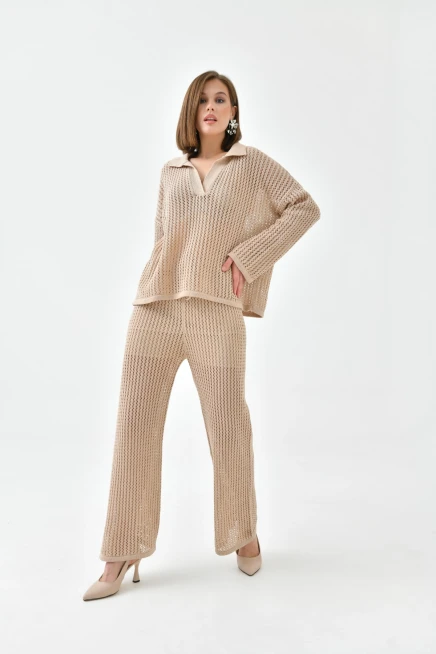 Kadın Polo Yaka Örgü Detay Kazak Astarlı Pantolon İkili Triko Takım