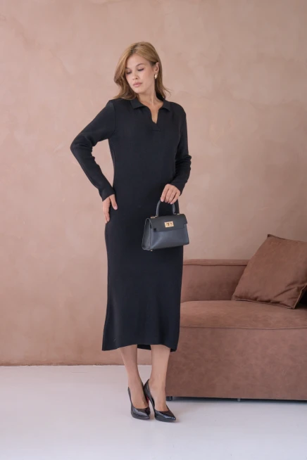 Kadın Polo Yaka Yamuşak Dokulu Maksi Boy Triko Elbise