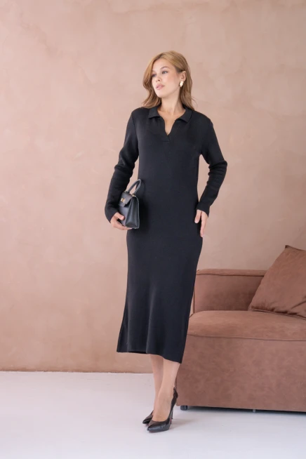 Kadın Polo Yaka Yamuşak Dokulu Maksi Boy Triko Elbise