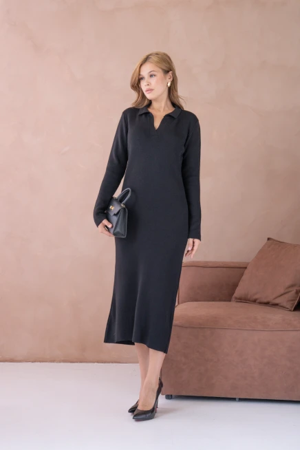 Kadın Polo Yaka Yamuşak Dokulu Maksi Boy Triko Elbise