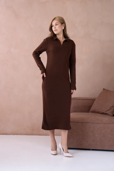 Kadın Polo Yaka Yamuşak Dokulu Maksi Boy Triko Elbise