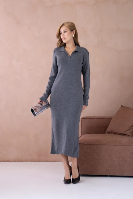 Kadın Polo Yaka Yamuşak Dokulu Maksi Boy Triko Elbise