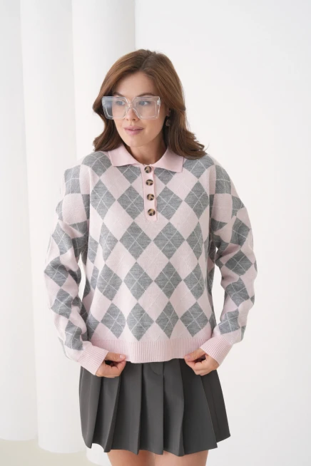 Kadın Polo Yaka Yarım Pat Düğme Detay Desenli Oversize Triko Kazak