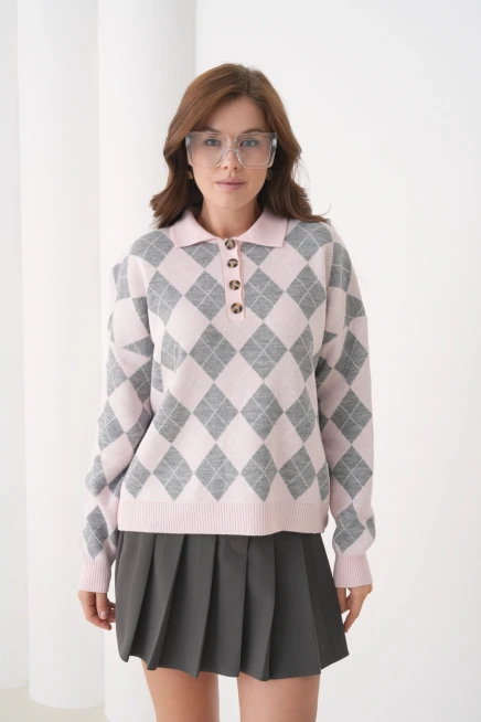 Kadın Polo Yaka Yarım Pat Düğme Detay Desenli Oversize Triko Kazak