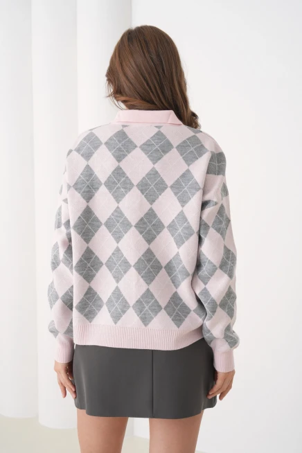 Kadın Polo Yaka Yarım Pat Düğme Detay Desenli Oversize Triko Kazak